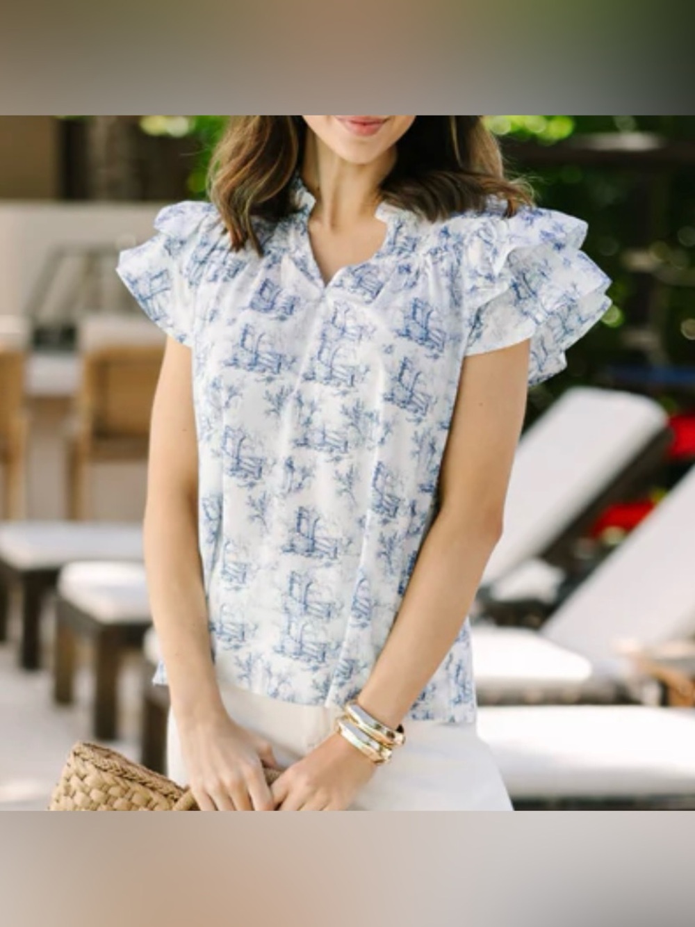 Entro Blue & White Toile Print Ruffle Sleeve Blouse V-Neck Lightweight Top Small